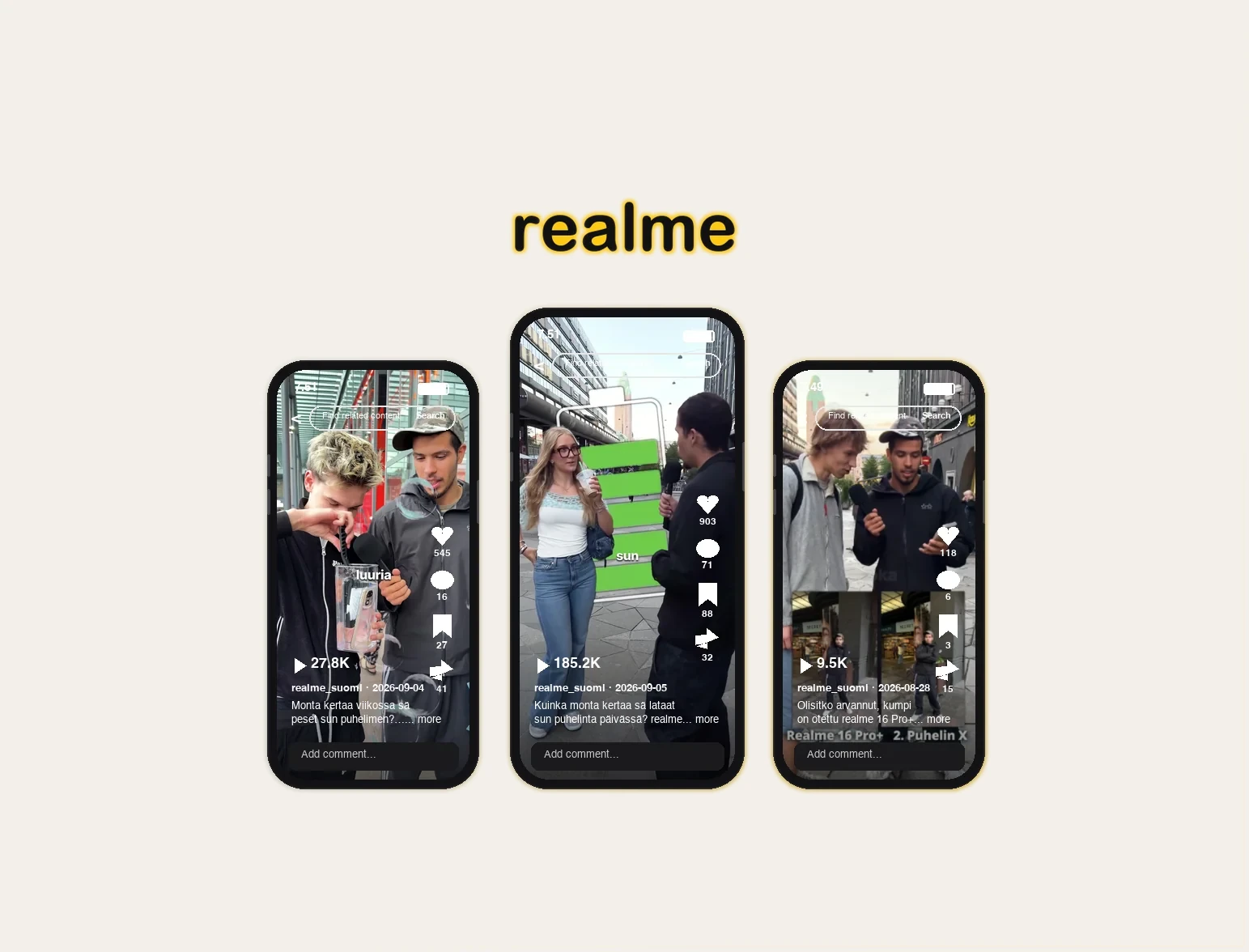 Realme Suomen TikTok-videoita Formin tuottamana